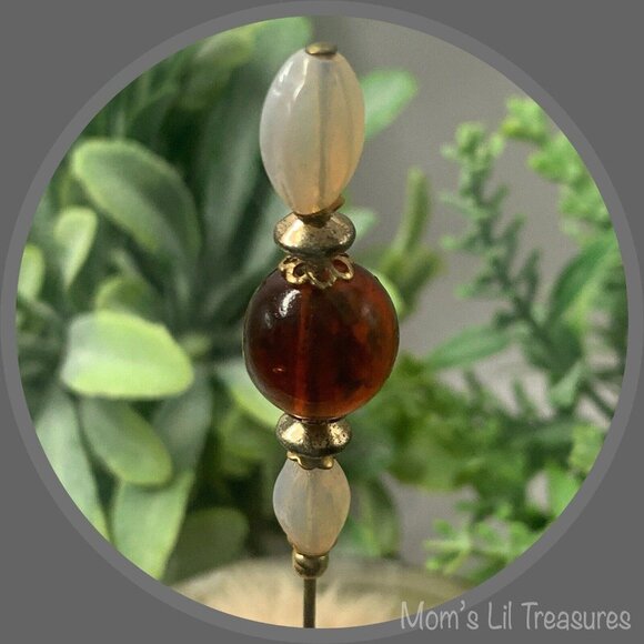 Milky Glass & Brown Translucent Bead - Gold Tone 6” Pin • Hatpin • 4/8 - Picture 4 of 10